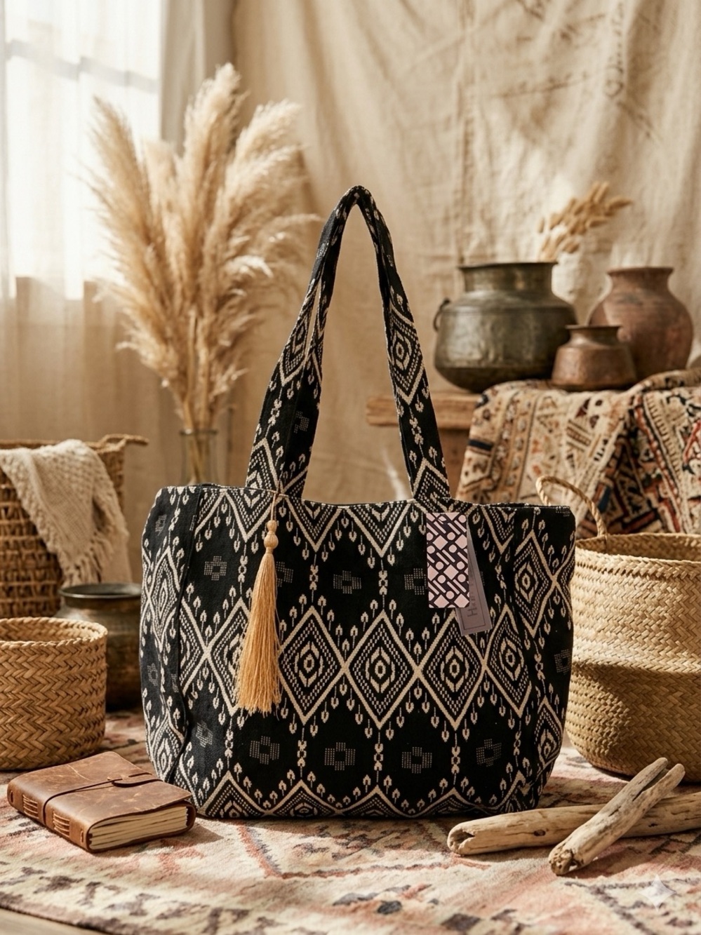 Dot Dash Boho Woven Jacquard Cotton Tote Bag Black & Cream Festival Weekender
